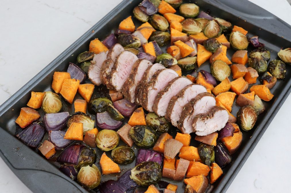Pan of Sheet Pan Honey-Balsamic Pork Tenderloin with Sweet Potatoes and Brussels Sprouts