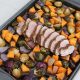 Pan of Sheet Pan Honey-Balsamic Pork Tenderloin with Sweet Potatoes and Brussels Sprouts