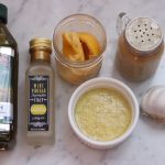 Ingredients for Preserved Lemon Salad Dressing - olive oil, white wine vinegar, preserved lemons, garlic, salt and pepper