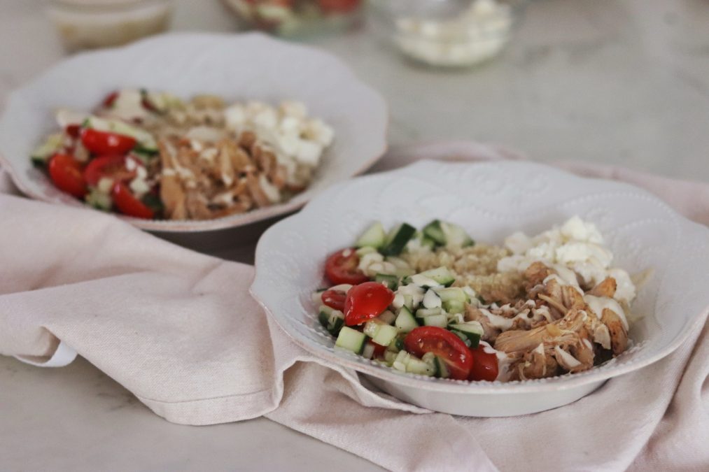 Instant Pot Greek Chicken Gyro Bowls with ingredients in the background
