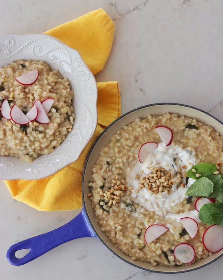 Instant Pot Barley Risotto in a blue pan and a white plate with Instant Pot Barley Risotto 