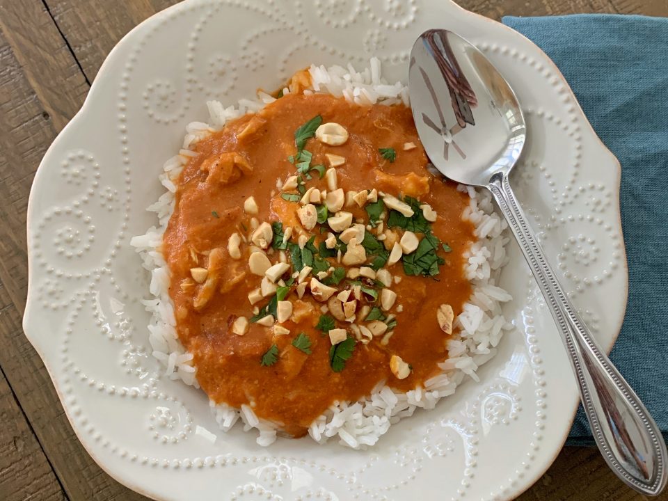 A bowl of Instant Pot African Chicken and Peanut Stew