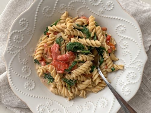 Creamy Tomato Chickpea Pasta with Spinach - Jessica Ivey